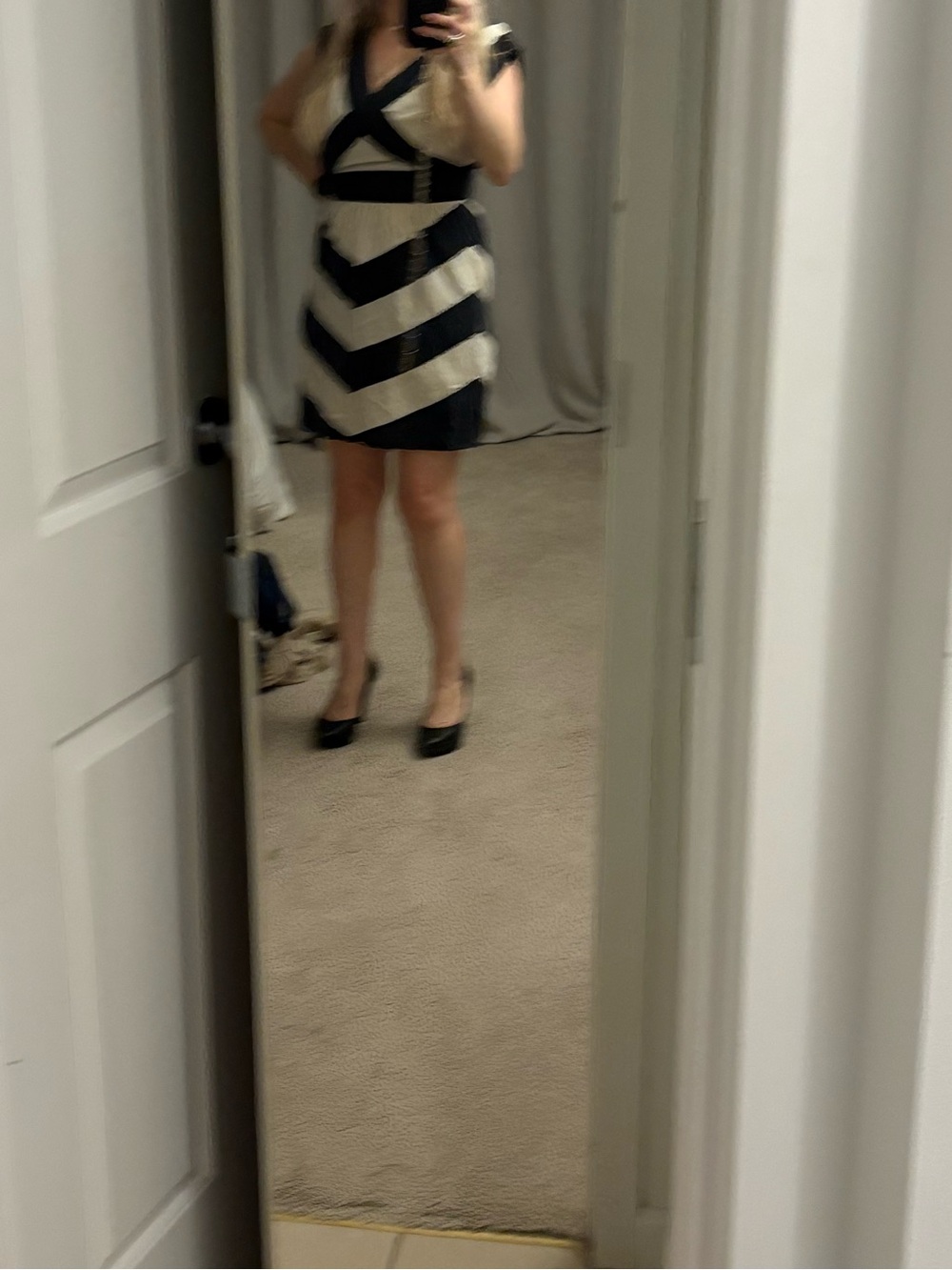 BCBG Black and Cream Striped Mini Dress with Cross-Back Detail